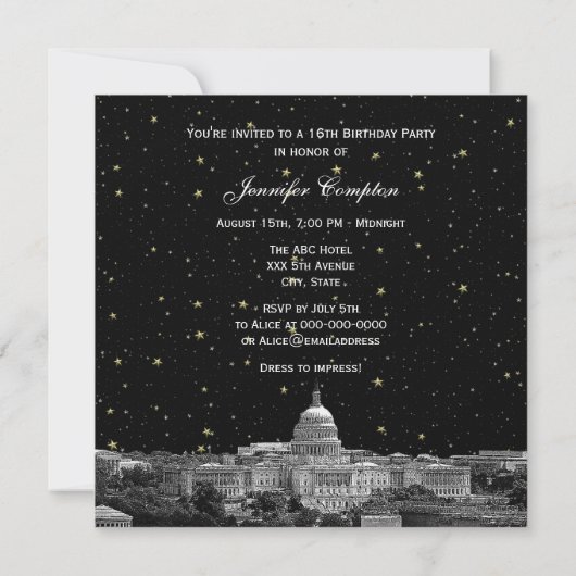 Washington DC Skyline Etch Starry DIY SQ Sweet 16 Einladung (Rückseite)