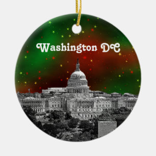 Washington DC Skyline Grün Rote Sterne Weihnachtsh Keramik Ornament