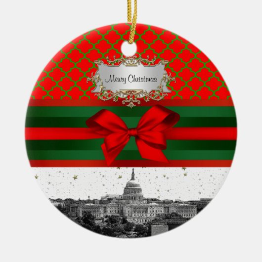 Washington DC Skyline Red Green Quatrefoil BG Xmas Keramikornament (Vorne)