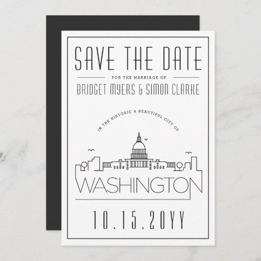 Washington DC | Stilisierte Skyline Save the Date Einladung (Vorne/Hinten)