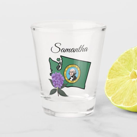 Washington Flag & Blume Pacific Rhododendron Schnapsglas (Vorderseite)