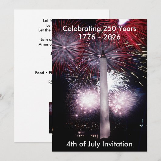 Washington Monument 250 Years 4th of July Party Einladung (Vorne/Hinten)