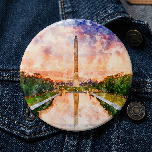 Washington Monument Wasserfarbe bei Sonnenuntergan Button
