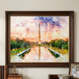 Washington Monument Wasserfarbe bei Sonnenuntergan Fotodruck
