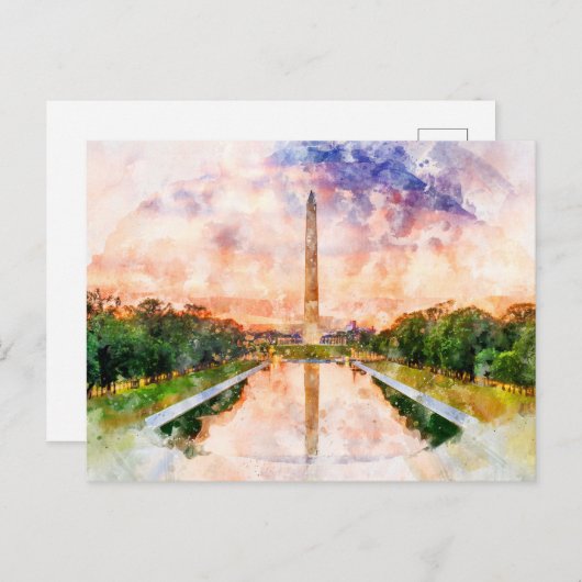 Washington Monument Wasserfarbe bei Sonnenuntergan Postkarte (Vorne/Hinten)
