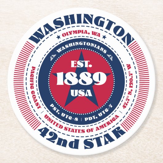 Washington Red White Blue Typografie Runder Pappuntersetzer (Vorderseite)