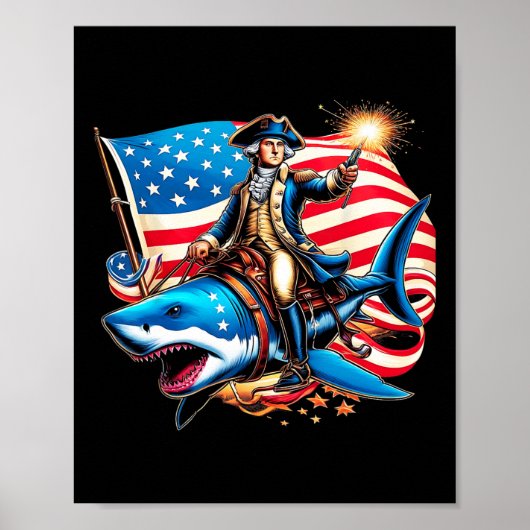 Washington Riding Shark Funny 4. Juli American Fl Poster (Vorne)