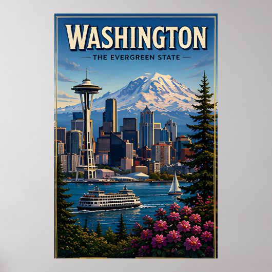 Washington Seattle Skyline Berg Wasserfront Poster (Vorne)