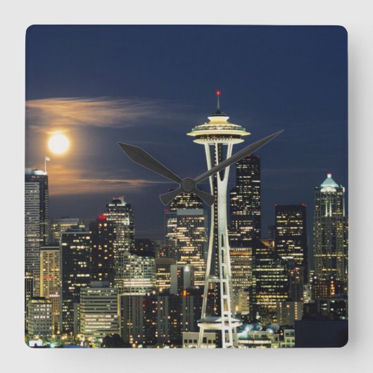 Washington, Seattle, Skyline nachts ab Kerry 1 Quadratische Wanduhr (Vorderseite)