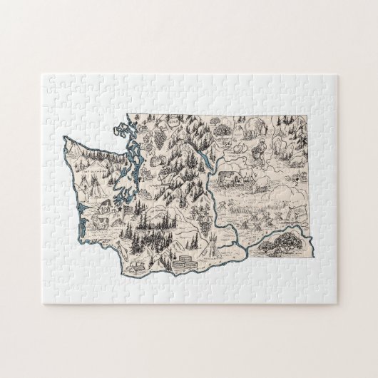 Washington Shaped Vintag Evergreen Picture Map Puzzle (Horizontal)