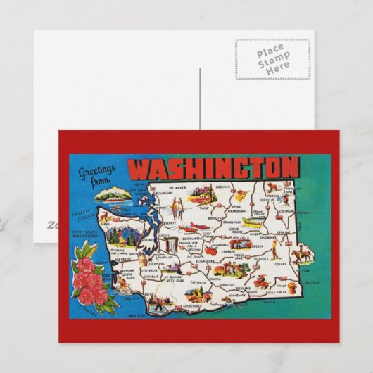 Washington Staat Map Postcard Postkarte (Vorne/Hinten)
