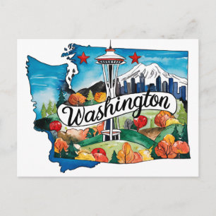 Washington USA Staat Shaped Vintag Watercolor Postkarte