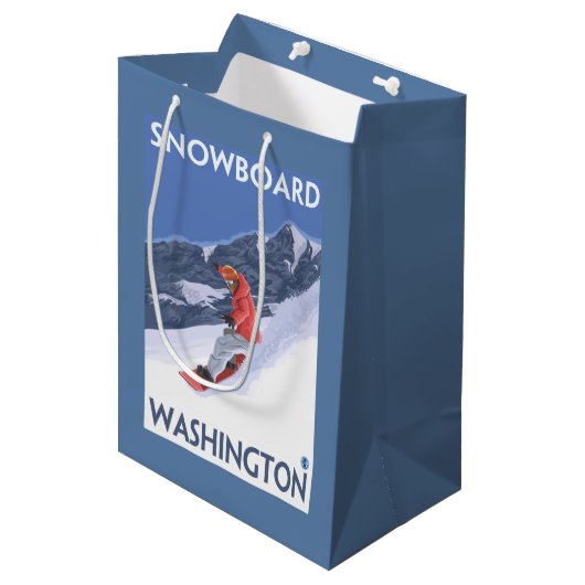 WashingtonSnowboarding Vintages Reise-Plakat Mittlere Geschenktüte (Vorderseite Schrägansicht)