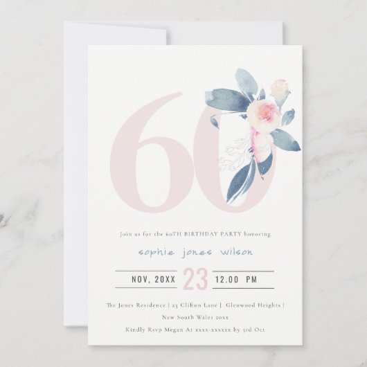 WASSER AQUA BLUSH BLUE BLUE FLORAL 60 JEDER ALTER EINLADUNG (Vorderseite)