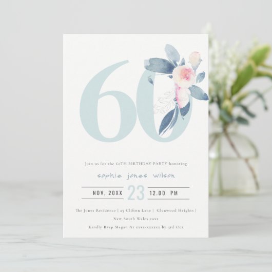 WASSER AQUA BLUSH BLUE BLUE FLORAL 60 JEDER ALTER EINLADUNG (Stehend Vorderseite)