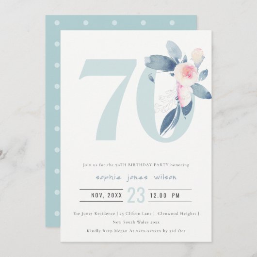 WASSER AQUA BLUSH BLUE BLUE FLORAL 70 JEDES ALTER EINLADUNG (Vorne/Hinten)