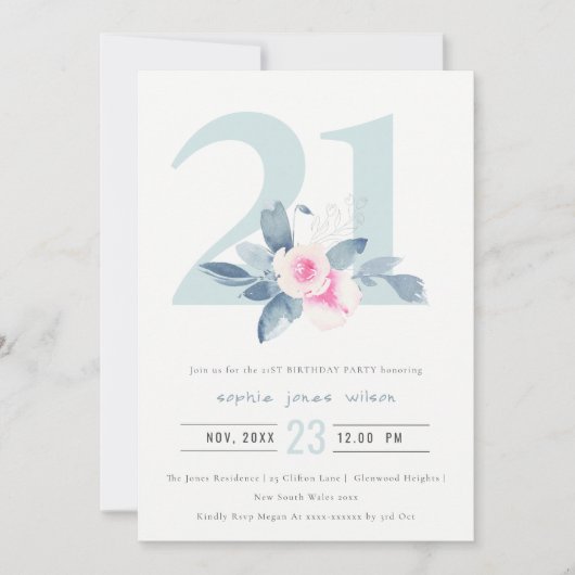WASSER AQUA BLUSH BLUE FLORAL 21. JEDEN ALTER GEBU EINLADUNG (Vorderseite)