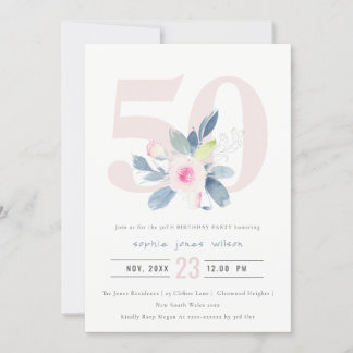 WASSER AQUA BLUSH BLUE FLORAL 50. ALTER GEBURTSTAG EINLADUNG