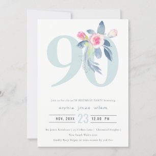 WASSER AQUA BLUSH BLUE FLORAL 90. ALTER GEBURTSTAG EINLADUNG