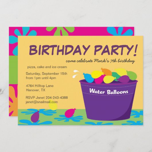 Wasser-Ballon-Party Einladung (Vorne/Hinten)