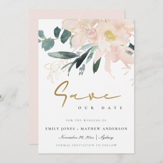 WASSER BLUSH GOLD FLORAL BUNCH WASSERFARBE SAVE THE DATE (Vorne/Hinten)