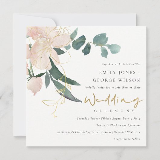 WASSER BLUSH GOLD FLORAL BUNCH WATERCOLOR WEDD EINLADUNG (Vorderseite)