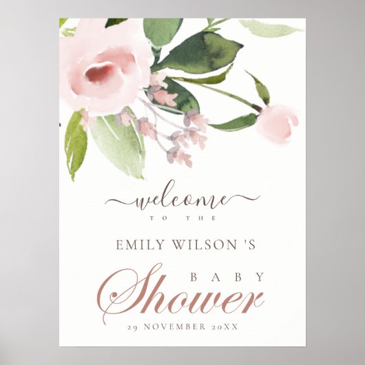 WASSER BLUSH PINK ROSE FLORAL BABY DUSCHE WILLKOMM POSTER (Vorne)