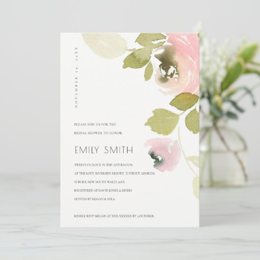 WASSER BLUSPEACH GREEN FLORAL BRAUTPARTY INVITE DANKESKARTE (Stehend Vorderseite)