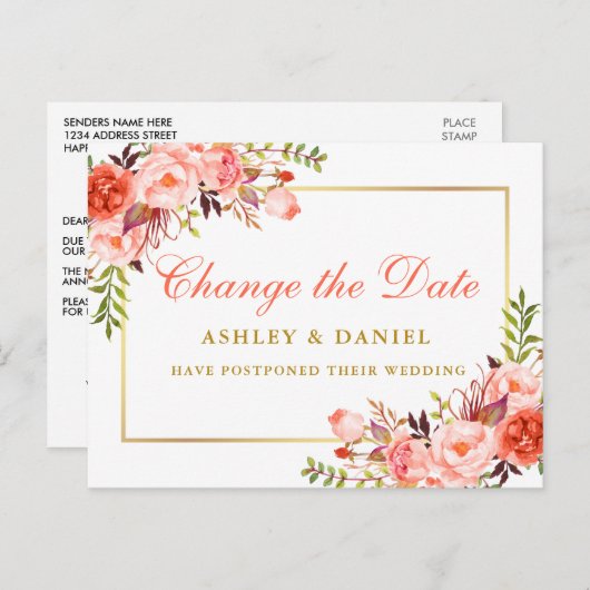 Wasser-Farbe Korallen Blütengold ändern Datum Postkarte (Vorne/Hinten)