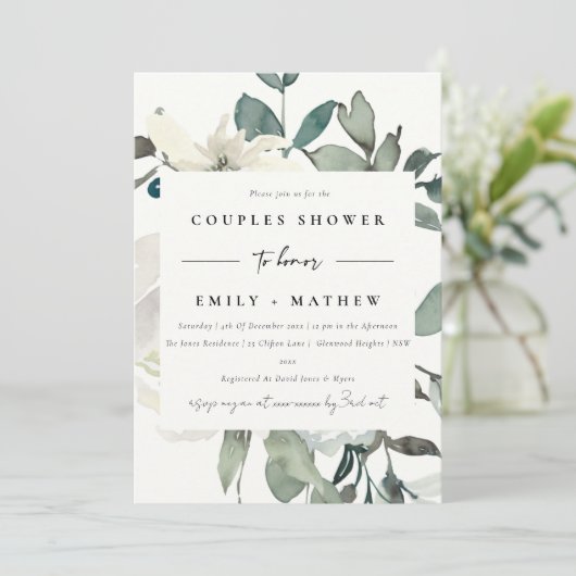 WASSER-IVORY-WEISSE FLORA-WASSERFARBE-KUPLES-DUSCH EINLADUNG (Stehend Vorderseite)