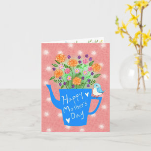 Wasser kann mit Blumen und blauem Vogel Muttertag Karte