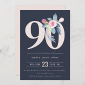 WASSER NAVY BLUSH BLUE BLUE FLORAL 90. ALTER GEBUR EINLADUNG (Vorne/Hinten)