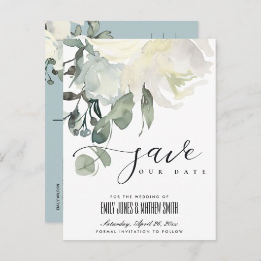 WASSER SUBTLE IVORWEISSER BLUMENBUNCH SAVE THE DAT ANKÜNDIGUNGSPOSTKARTE (Vorne/Hinten)