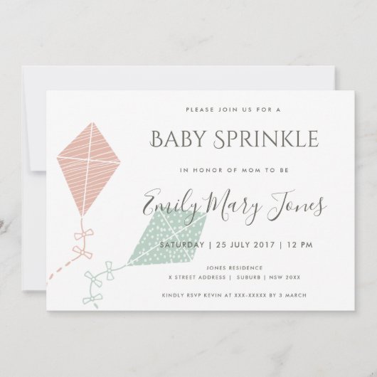 WASSER SUBTLE PINK BLUE KITE BABY SPRINKEL EINLADUNG (Vorderseite)