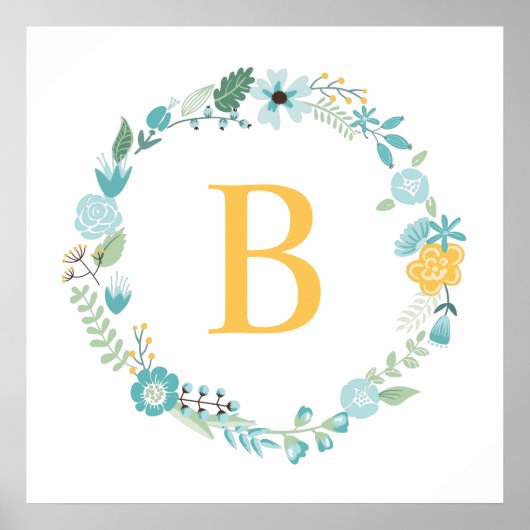 Wasser- und gelbes monogrammiertes Blumenkränz Poster (Vorne)
