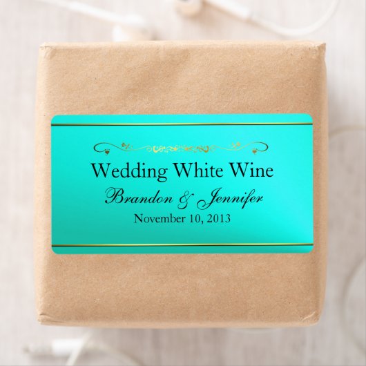 Wasseramrine & Gold Custom Wedding Mini Wine Label (Insitu)