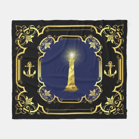 Wasseranker/Leuchtturm schwarz/gold/blau Fleecedecke (Vorderseite (Horizontal))