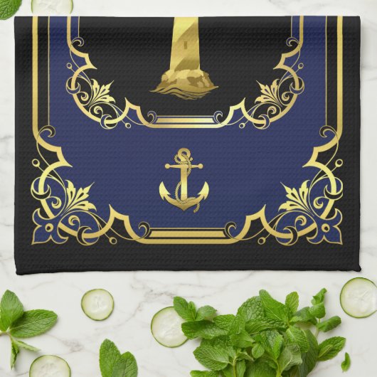 Wasseranker/Leuchtturm, vergoldet, schwarz/gold/bl Geschirrtuch (Gefaltet)