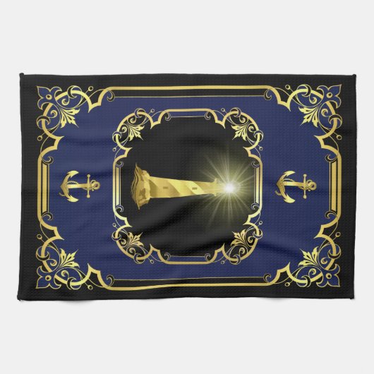 Wasseranker/Leuchtturm, vergoldet, schwarz/gold/bl Geschirrtuch (Horizontal)