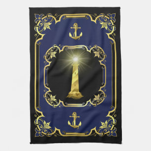 Wasseranker/Leuchtturm, vergoldet, schwarz/gold/bl Geschirrtuch