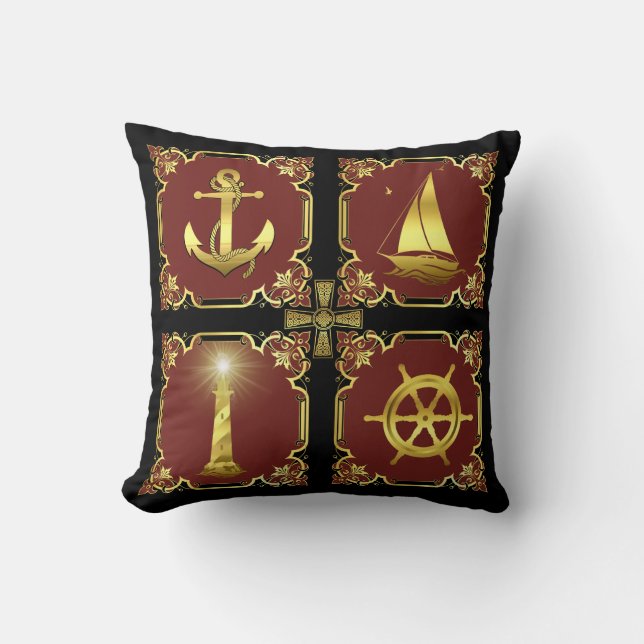 Wasseranker/Segelboot/Rad/Leuchtturm, Gold/rot Kissen (Vorderseite)