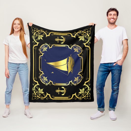 Wasseranker/Segelboot schwarz/gold/blau Fleecedecke (Beispiel)