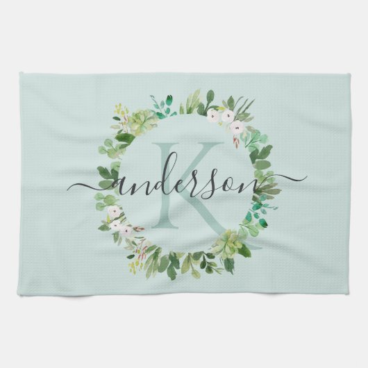 WASSERAQUA BLAU WREATEN FOLIAGE WATERCOLOR MONOGRA GESCHIRRTUCH (Horizontal)