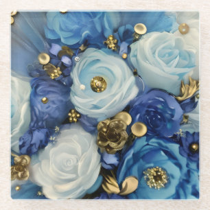 WASSERBLAU UND GOLD ABSTRAKTE BLUME GLASUNTERSETZER