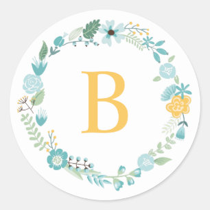 Wasserblauer und gelber monogrammverzierter Blumen Runder Aufkleber