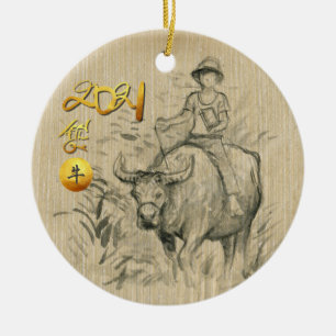 Wasserbüffel Chinesisches Kind Ox Year 2021 CRO Keramik Ornament