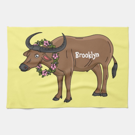 Wasserbüffel mit Blume Cartoon-Abbildung Geschirrtuch (Horizontal)