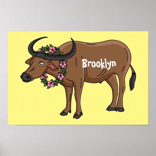 Wasserbüffel mit Blume Cartoon-Abbildung Poster (Vorne)