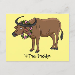 Wasserbüffel mit Blume Cartoon-Abbildung Postkarte