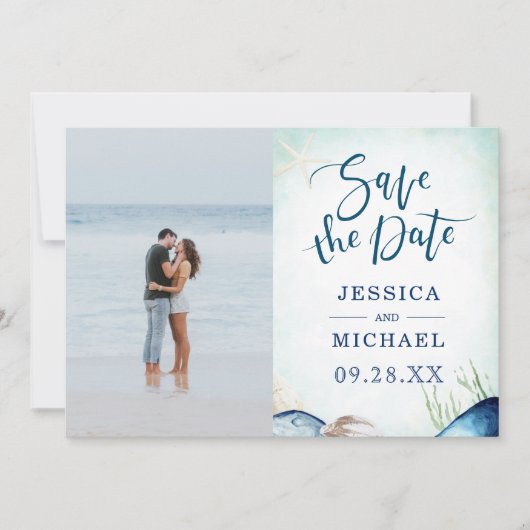 Wassercolor Beach Seashell Calligraphy Foto Save The Date (Vorderseite)